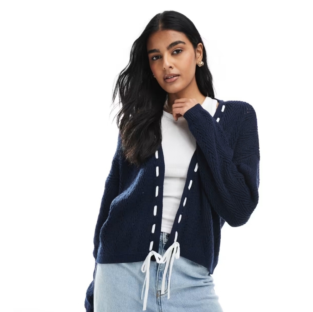 NWT American Eagle Open Front Ribbon Cardigan In Navy & White